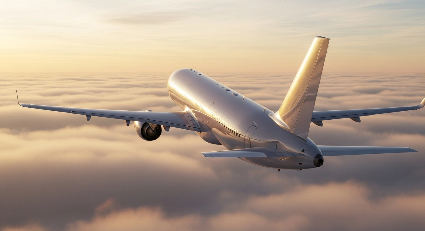 A modern airBaltic passenger jet flies through the sky during sunset as the airline works toward financial stabilization and a future initial public offering.