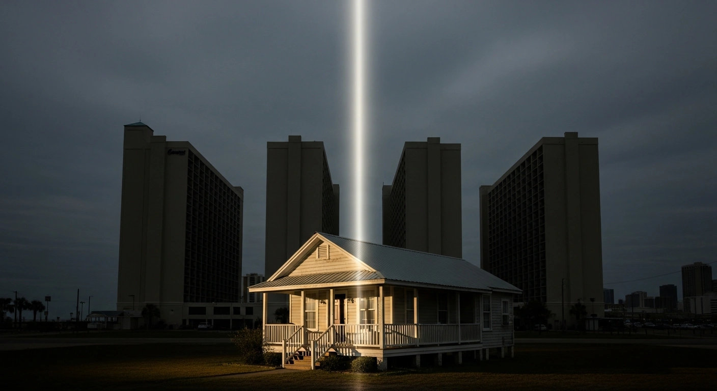 A small, sunlit cottage, representing a short-term rental, is overshadowed by large, imposing hotel buildings under a brooding sky, symbolizing the federal lawsuit filed by Airbnb and a homeowner against the City of Biloxi and the Mississippi Hotel & Lodging Association over alleged anti-competitive restrictions on short-term rentals.