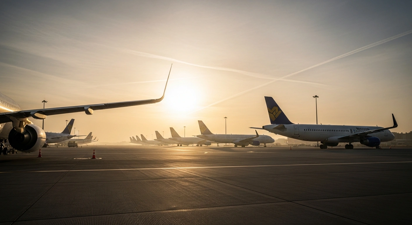 A wide, low-angle shot shows multiple grounded Airbus A320 aircraft lined up on an airport tarmac at dawn, illuminated by soft golden light casting long shadows, depicting the significant flight cancellations and delays caused by a global software issue affecting the Airbus A320 family.