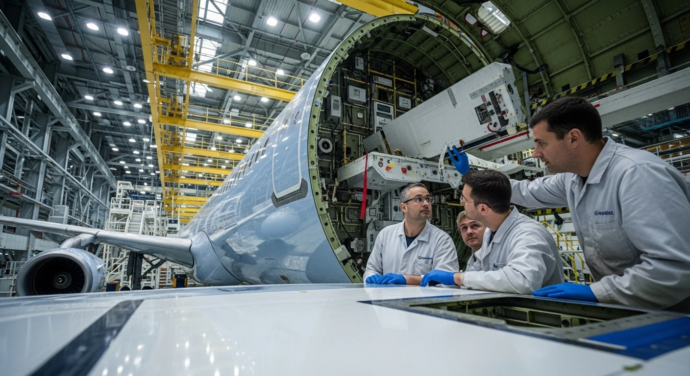 Engineers meticulously inspect a metal fuselage panel on a partially assembled Airbus A320neo aircraft in a brightly lit hangar, addressing a quality issue that is delaying deliveries of the A320 family jets.