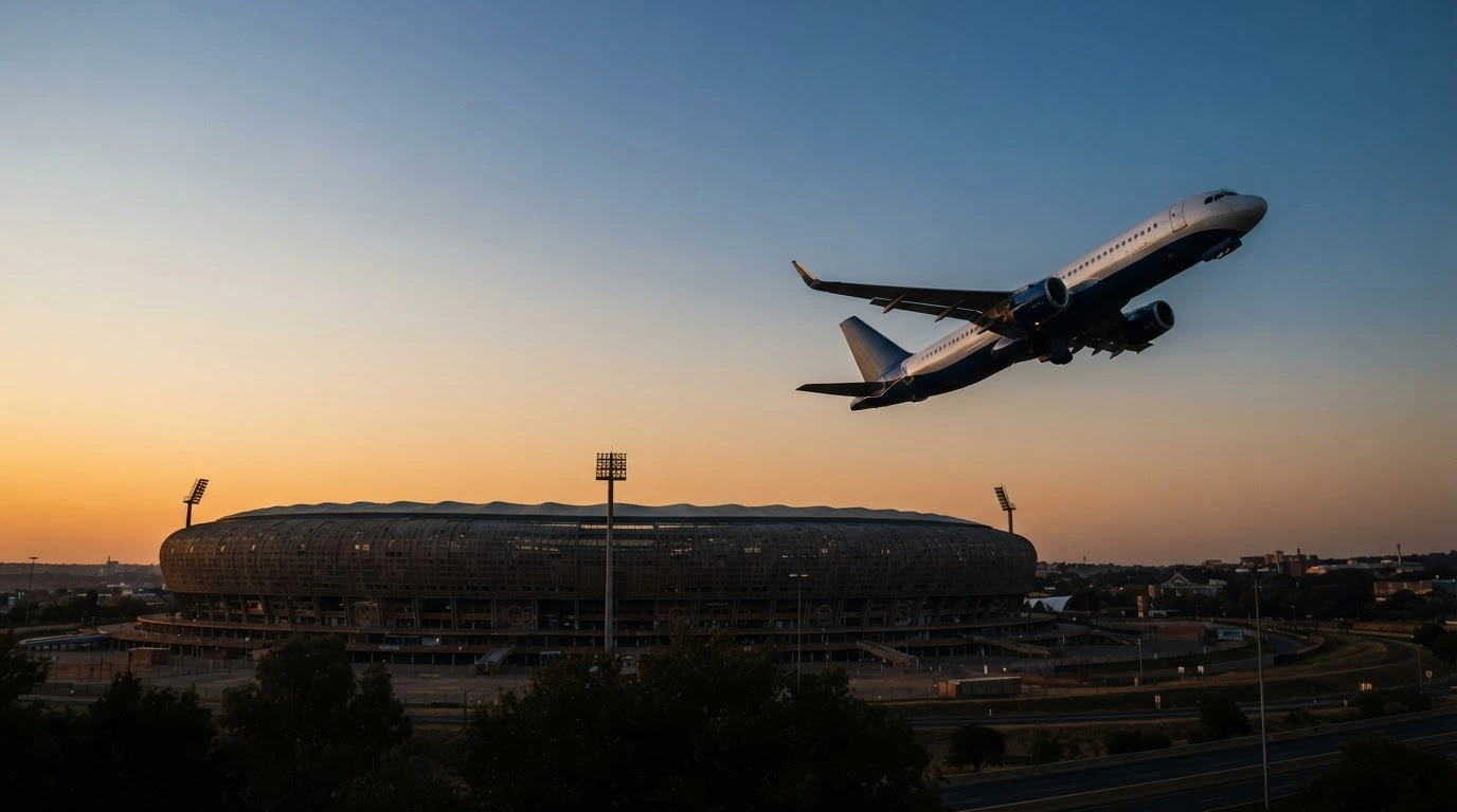 An Airlink passenger jet banks away from the FNB Stadium in Johannesburg, illustrating the cancellation of a planned ceremonial flypast.