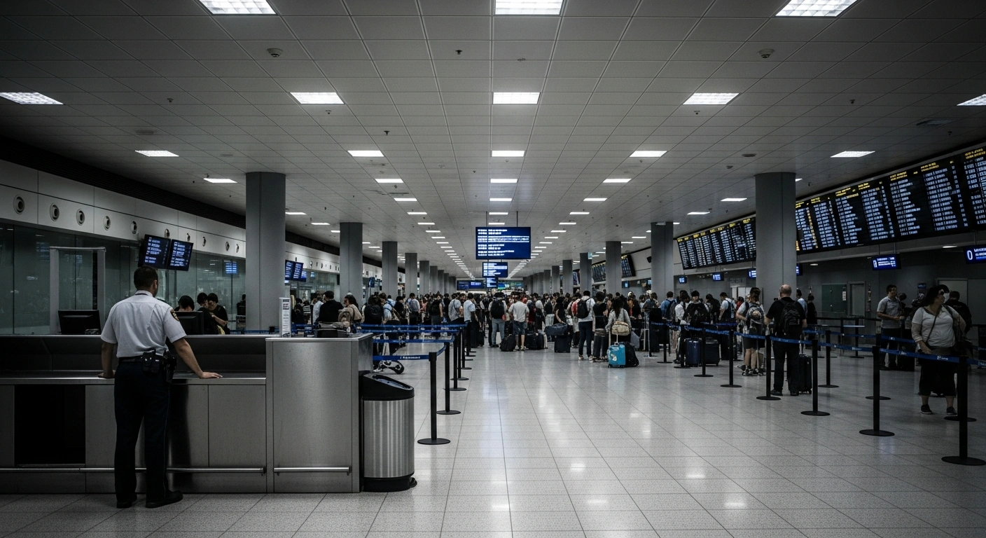 A weary security officer stands at an empty checkpoint in a crowded airport terminal during a federal government shutdown.