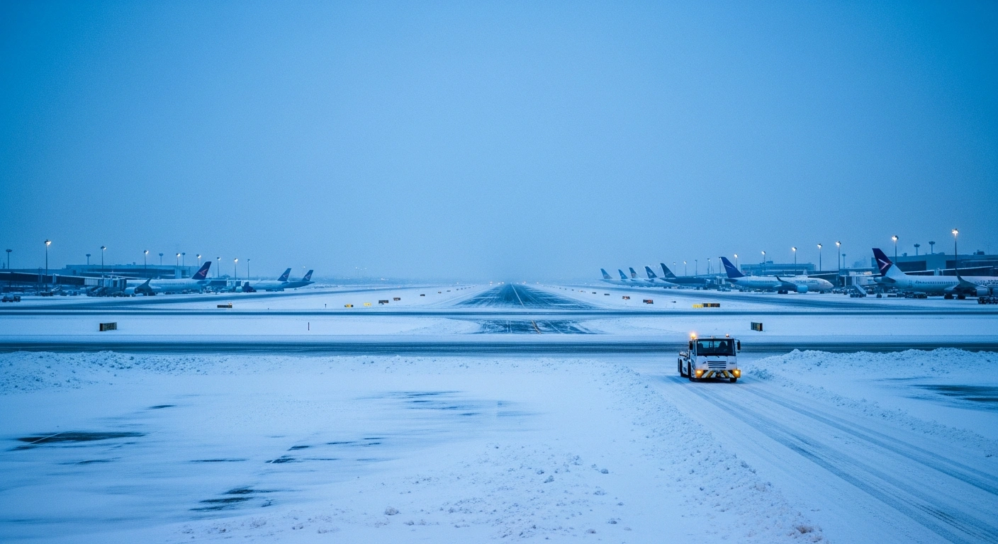 A wide, snow-covered airport tarmac at dawn shows large commercial jets undergoing de-icing, reflecting the recovery efforts for air travel in Central Canada after a record-breaking snowstorm caused hundreds of cancellations at major hubs like Toronto Pearson International Airport.