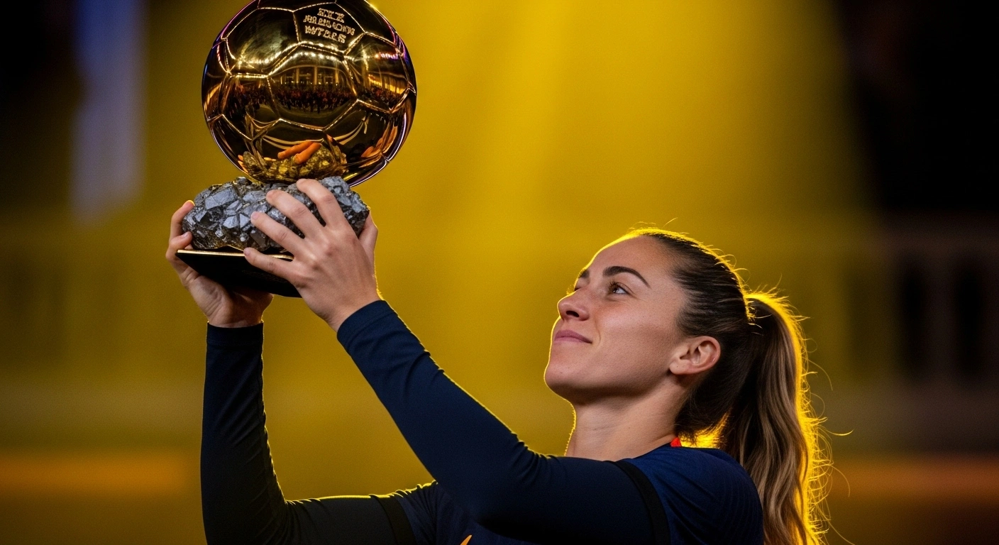 Spanish midfielder Aitana Bonmatí, an FC Barcelona star, stands bathed in a golden spotlight, holding her third consecutive Women's Ballon d'Or trophy aloft with a triumphant expression.