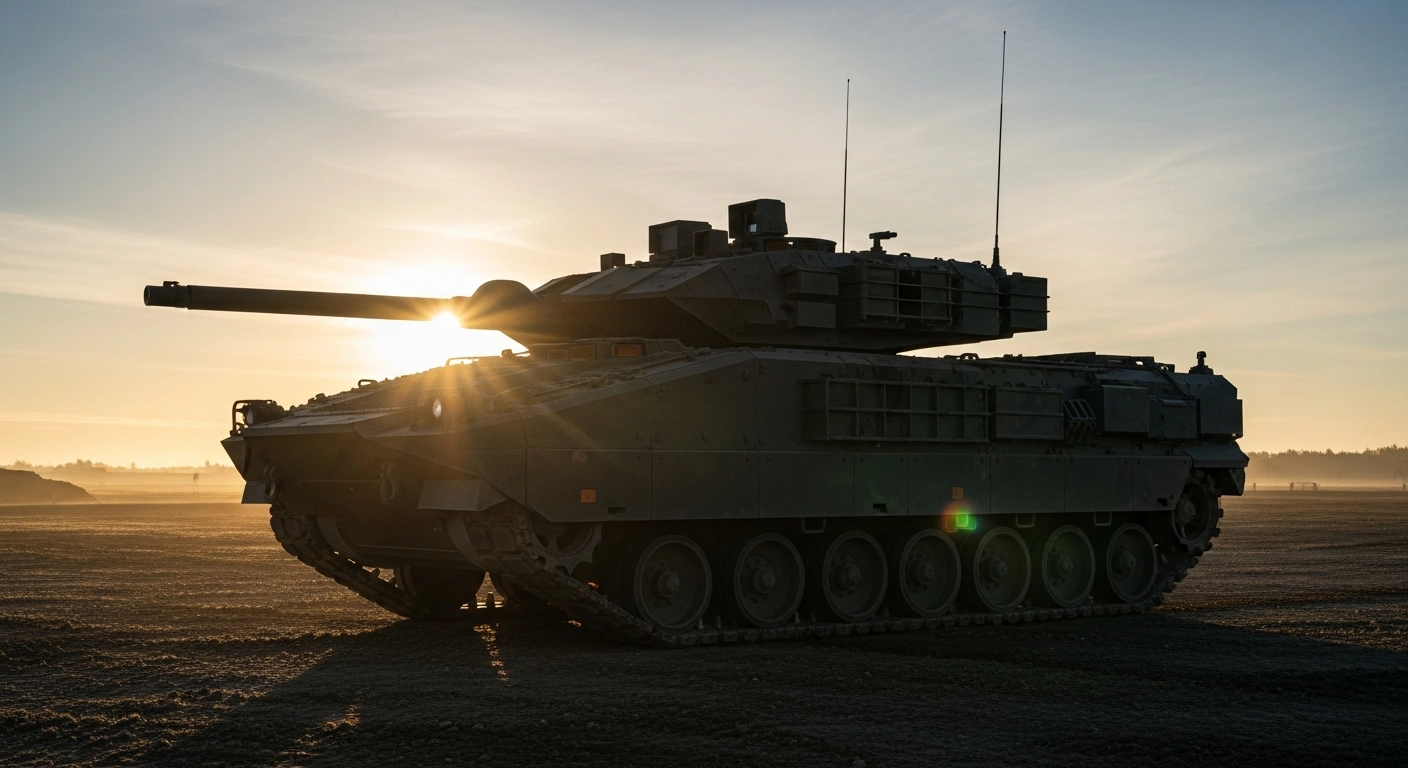 A British Army AJAX Armoured Fighting Vehicle, marking its Initial Operating Capability and readiness for deployment, stands ready on a dusty training ground at dawn.