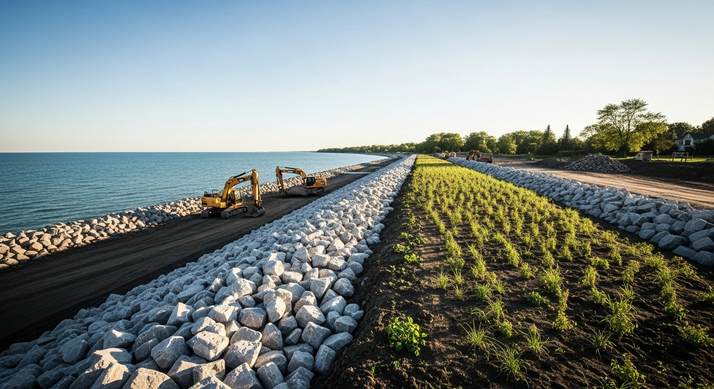 Construction crews work on a shoreline restoration project in Ajax, Ontario, to prevent erosion along the Lake Ontario waterfront.