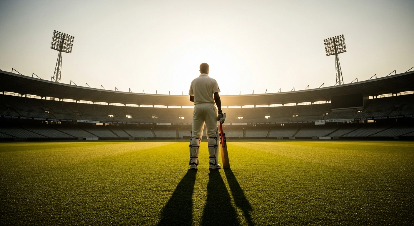 Indian cricketer Ajinkya Rahane stands on a cricket pitch at sunset, marking the end of his professional career.