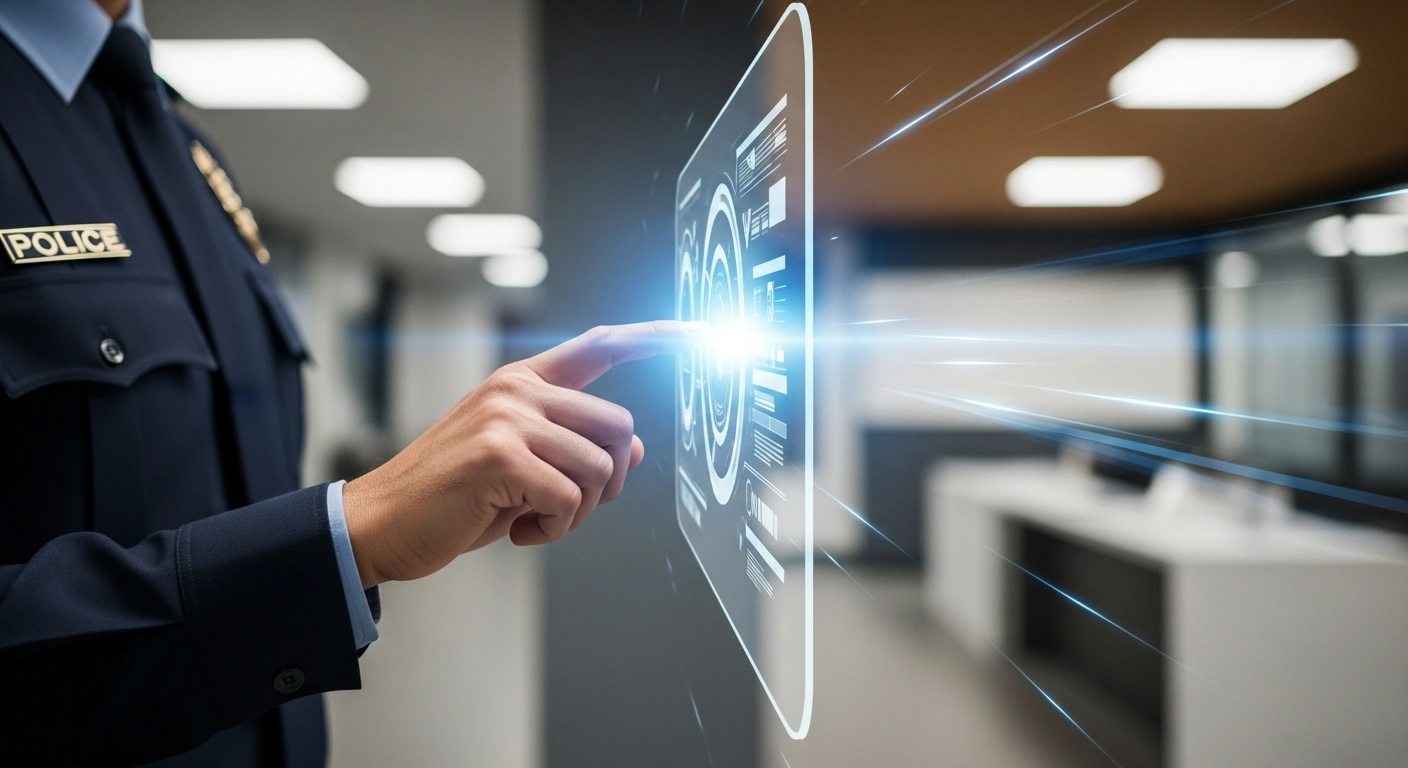 A uniformed hand interacts with a glowing, translucent digital interface within a modern police station, symbolizing the Ajman Police's new Smart Bail Service, an online system designed to streamline procedures and reduce processing time.