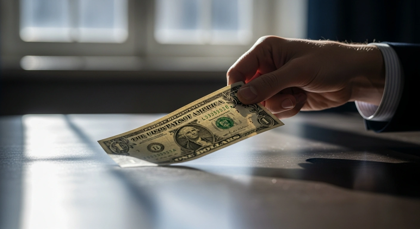 A close-up photograph shows a weathered US Treasury bond certificate being gently released by a hand, symbolizing Denmark's Akademiker Pension fund's decision to sell $100 million in bonds due to concerns about US public finances and credit sustainability.