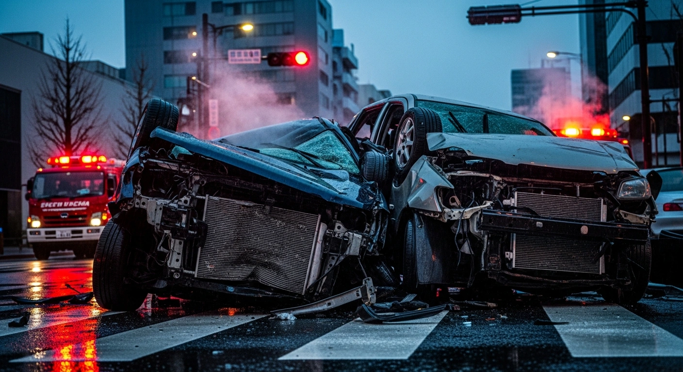 A low-angle, wide shot depicts the chaotic scene of a six-vehicle pileup in a rain-slicked Tokyo intersection at dusk, with mangled cars and the pulsating red and blue lights of emergency vehicles reflecting on the wet pavement, illustrating the aftermath of a high-speed crash under investigation for dangerous driving.