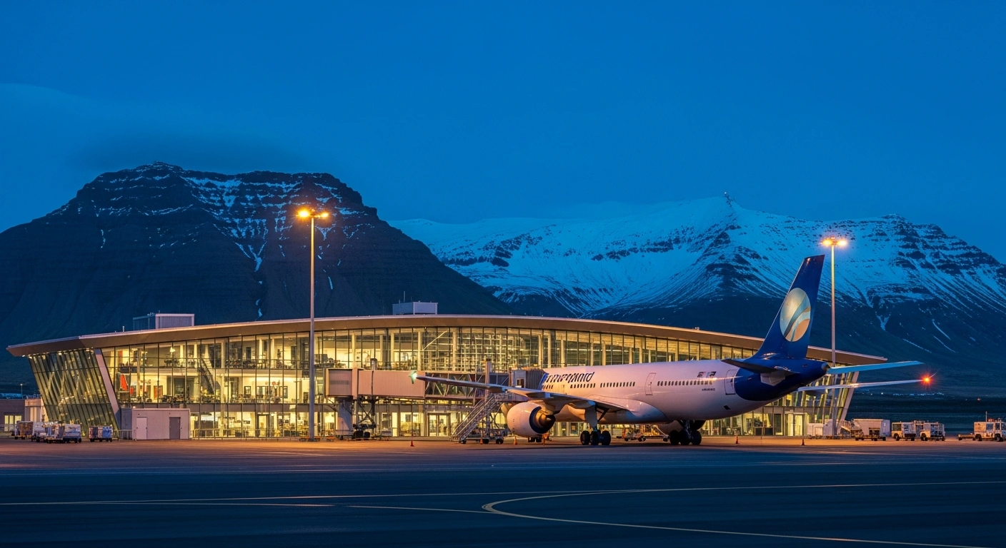 A modern Akureyri Airport terminal at dusk, with a large international passenger jet parked at a gate, symbolizing the airport's expanded capacity and efforts to attract international flight offerings to boost regional tourism in North Iceland.