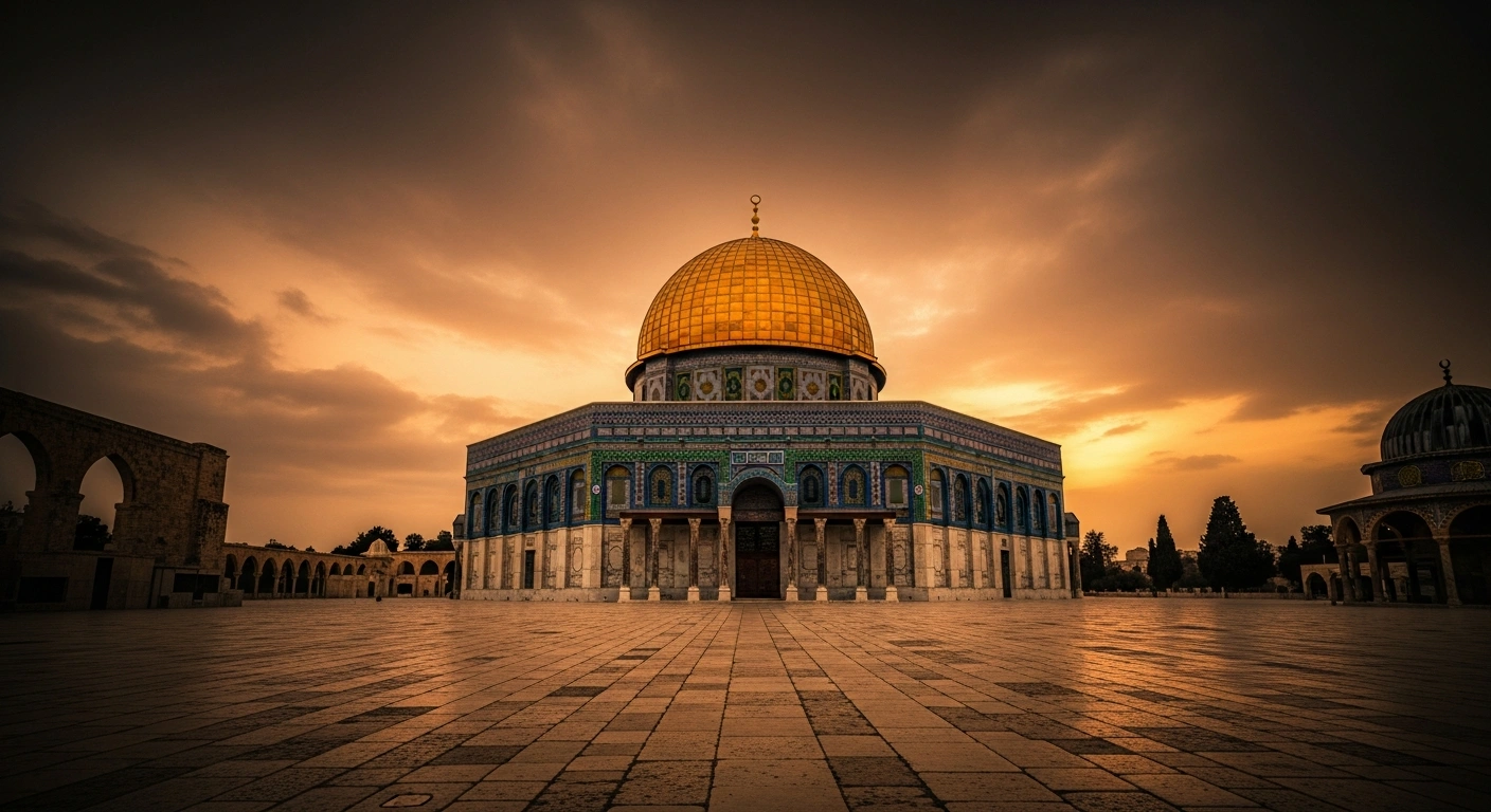 The golden Dome of the Rock stands prominently within the Al-Aqsa Mosque compound in Jerusalem under a dramatic sunset sky.