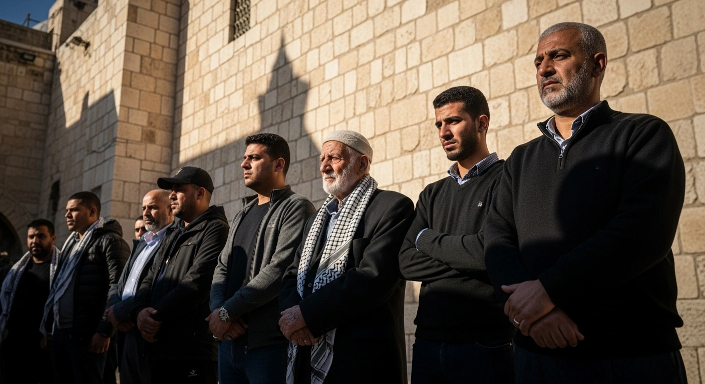 A group of solemn Palestinian men, including an elder resembling a Sharia Judge, stand before the ancient stone walls of the Al-Aqsa Mosque compound in Jerusalem under harsh morning light, reflecting the recent issuance of summons and banning orders by Israeli authorities.