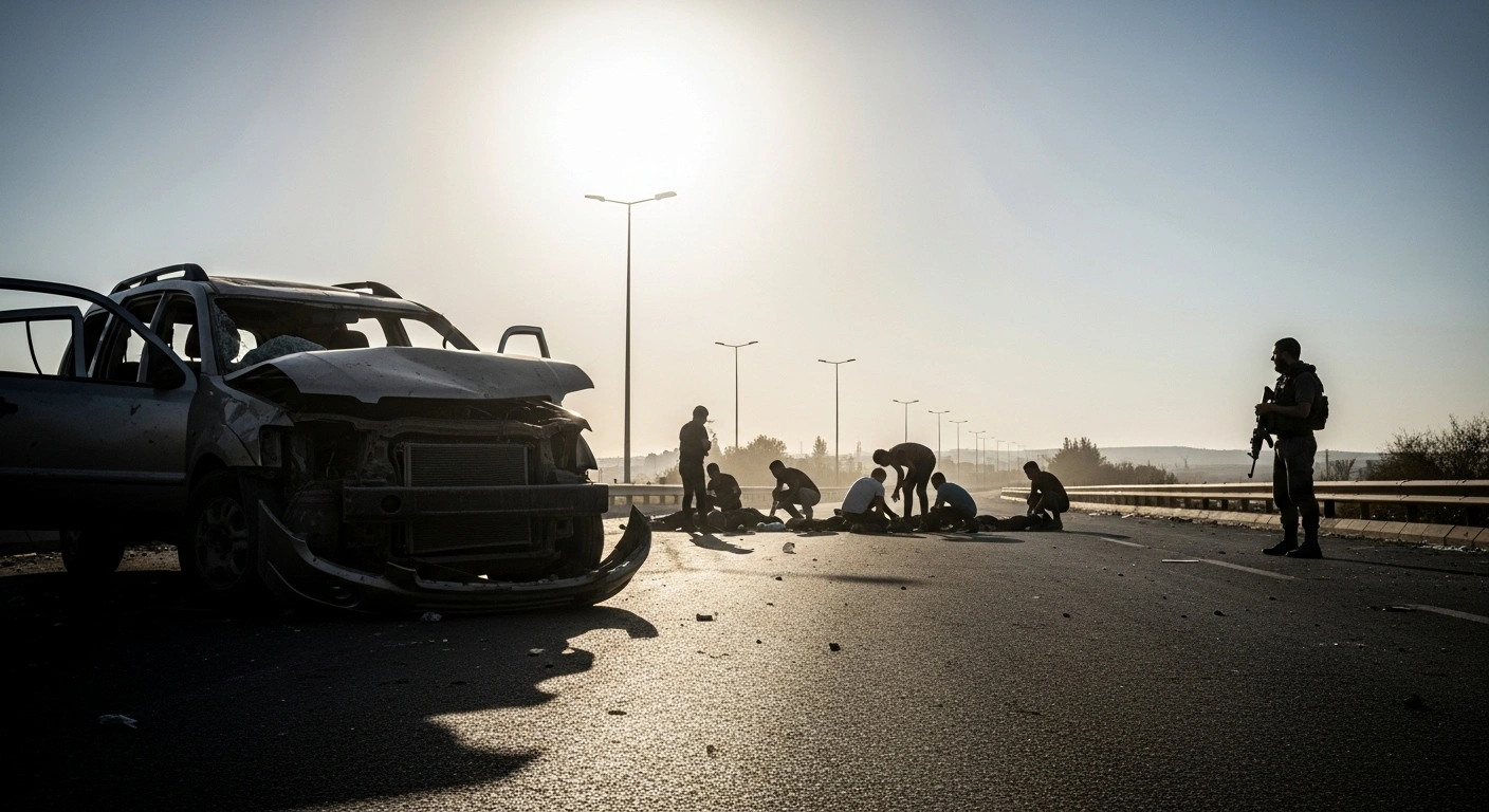 A wide, low-angle shot depicts the chaotic aftermath of a car-ramming and attempted stabbing attack at a dusty West Bank junction, showing a damaged vehicle, scattered figures tending to injured individuals, and an armed figure standing vigilantly.