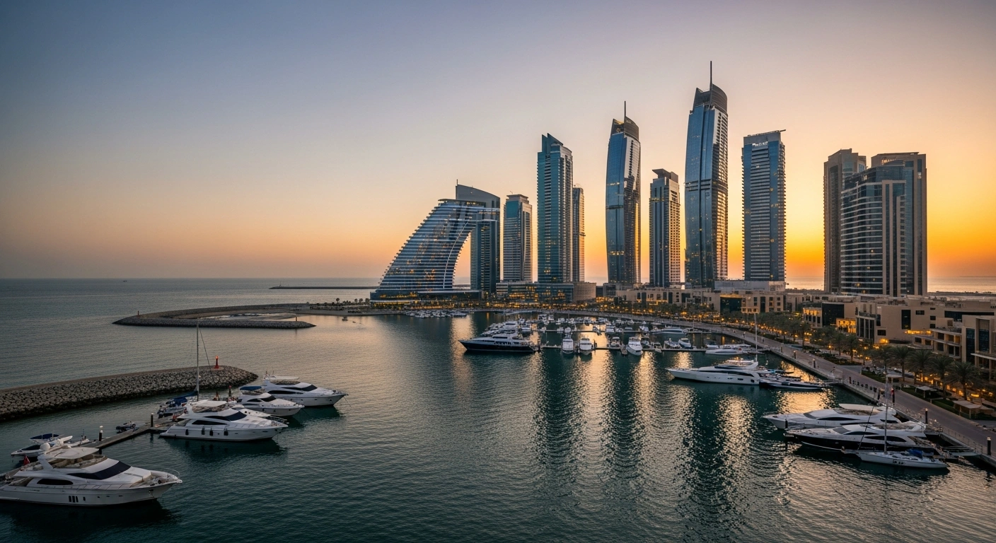 A panoramic view of the modern Al-Khobar coastline in Saudi Arabia at sunset, featuring newly constructed high-rise hotels and residential buildings, symbolizing the $1.9 billion tourism development plan and the Kingdom's Vision 2030.