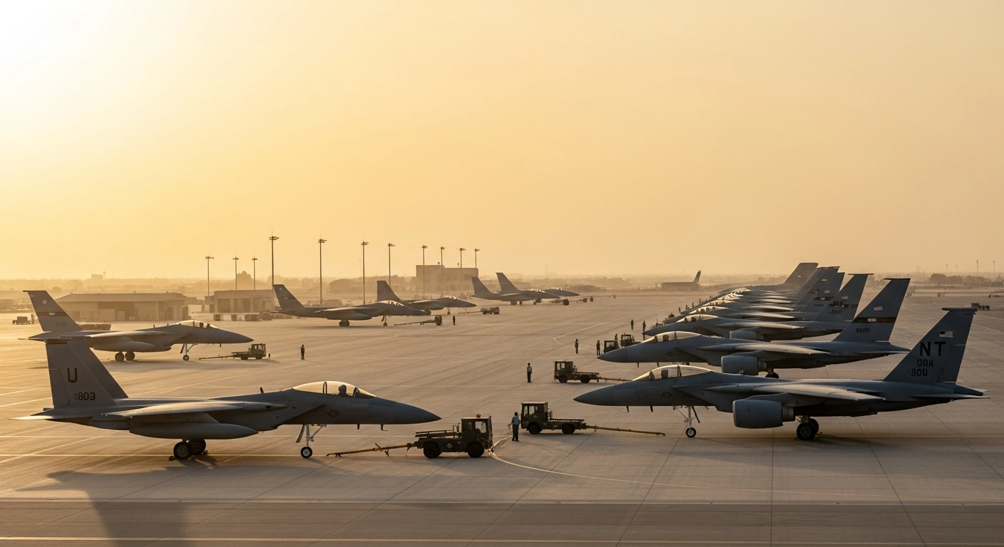 A wide, cinematic shot of the United States' Al Udeid Air Base in Qatar at dawn, showing military aircraft on the tarmac and ground crew, symbolizing the resumption of normal operations following a partial personnel withdrawal amidst US-Iran tensions and past regional incidents.