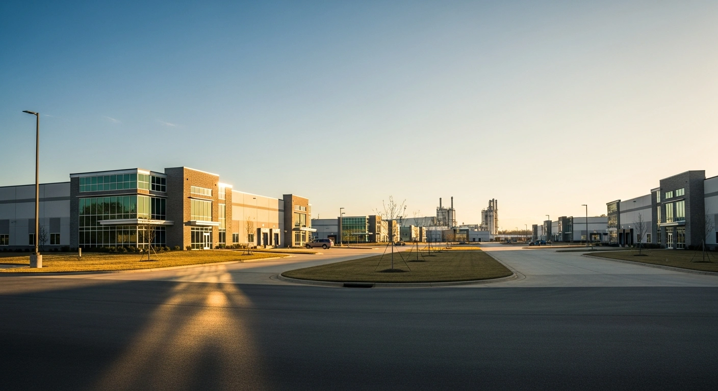 A modern industrial complex in Alabama represents the state's record-high job growth and stable unemployment rate.