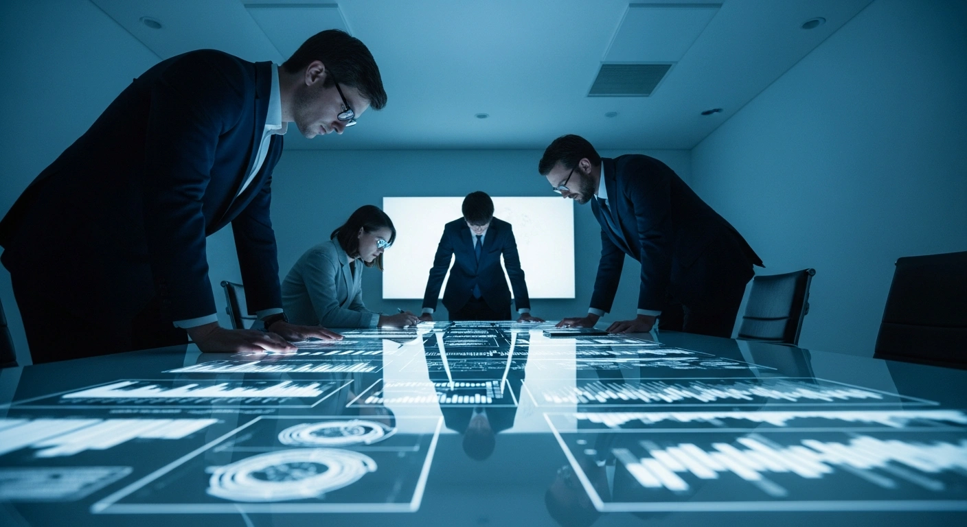 Three figures are intensely focused around a glowing table displaying abstract data visualizations in a dimly lit, modern conference room, representing a classified meeting about healthcare information system issues and data protection concerns in the Åland Islands.