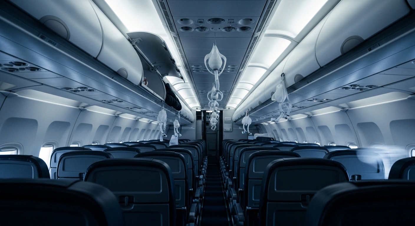 A dramatic interior view of an airplane cabin during an emergency flight diversion following an assault incident.