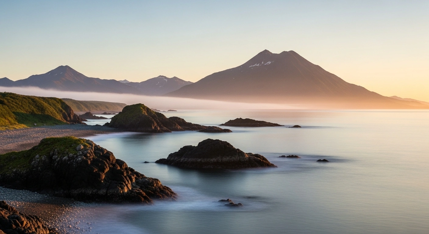 A serene, wide-angle photograph of the rugged Aleutian Islands coastline in Alaska at dawn, with calm ocean waters reflecting the soft light, symbolizing the lifted tsunami advisory after a powerful magnitude 7.8 earthquake off Russia's Kamchatka Peninsula caused no significant damage.