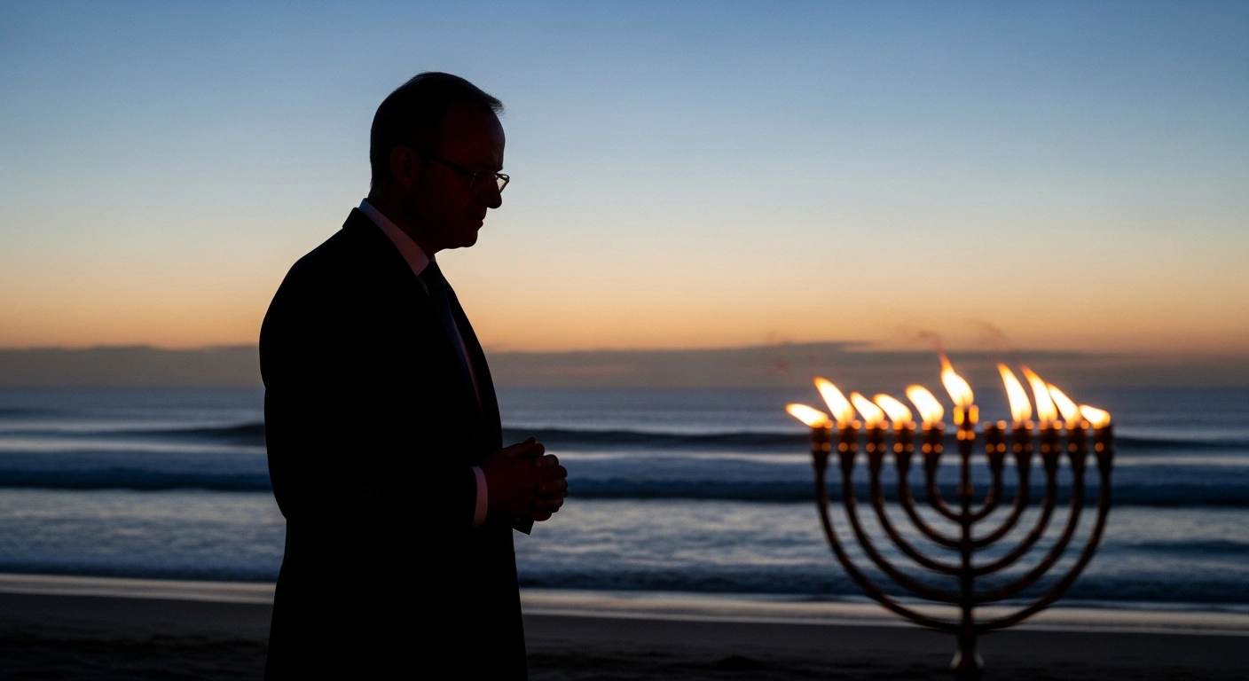 A solemn Prime Minister Anthony Albanese stands silhouetted against a twilight sky on Bondi Beach, with a partially lit menorah in the foreground, representing the apology to the Jewish community after the mass shooting during a Hanukkah celebration and his vow for new laws against extremism.