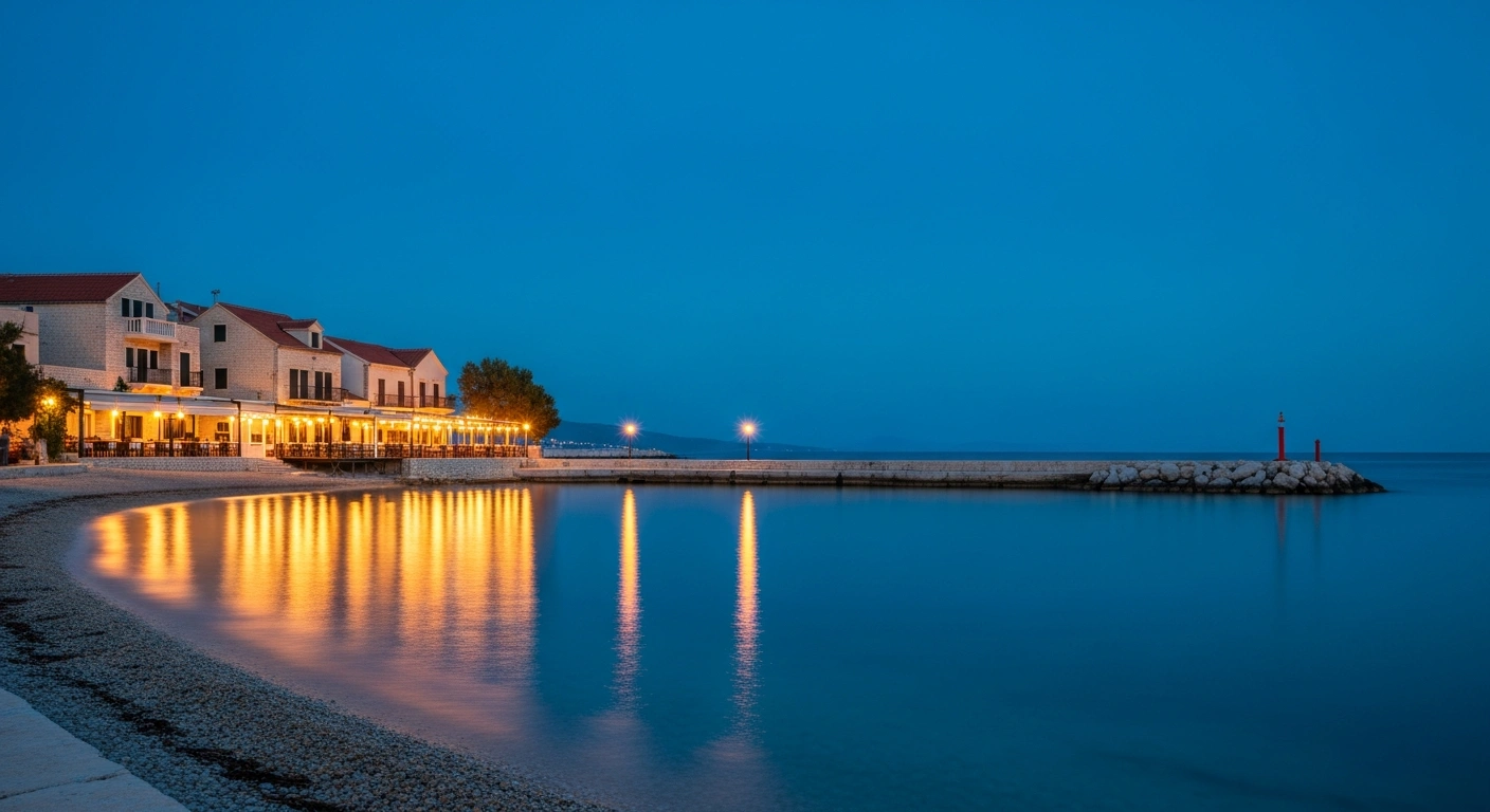 A quiet coastal restaurant in Albania at twilight reflects new noise control regulations designed to balance tourism with local resident well-being.