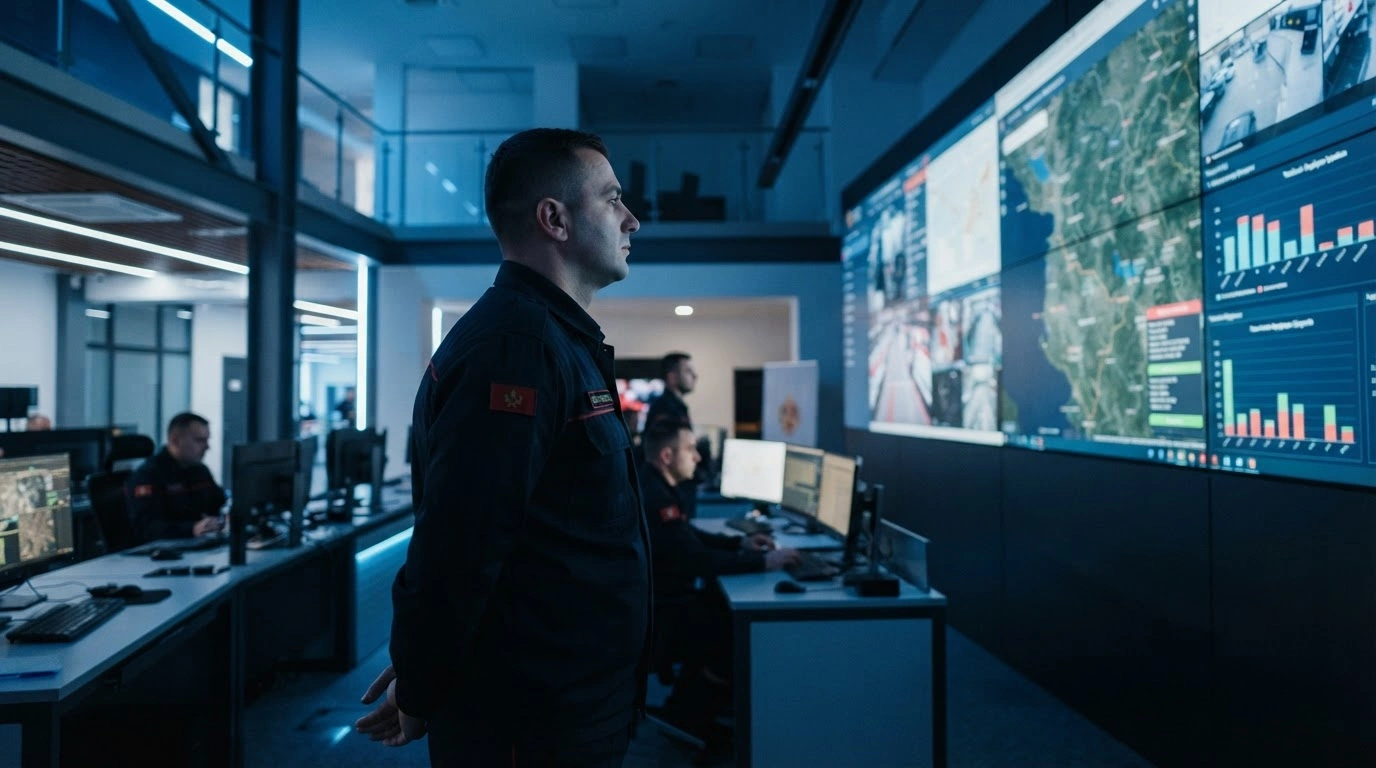 A professional emergency official stands in a modern command center as part of the initiative to modernize Albania's fire and rescue operations.