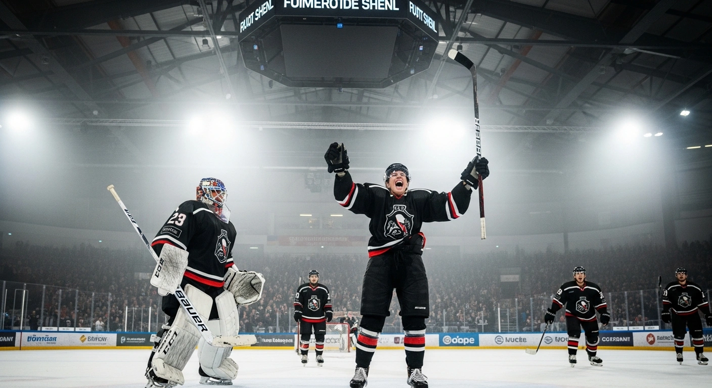 A triumphant female ice hockey player from the Albatros de Brest team raises her stick on an ice rink, illuminated by dramatic arena lights, as her goalie, Marine Cukierman, is embraced by a teammate, celebrating their 1-0 victory over the Corsaires de Nantes in the Coupe de France Féminine.
