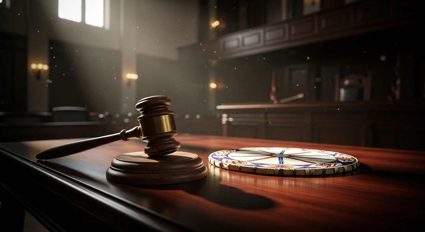 A wooden gavel rests on a courtroom bench next to a traditional Indigenous medicine wheel, symbolizing a court ruling on provincial separation and the duty to consult First Nations.