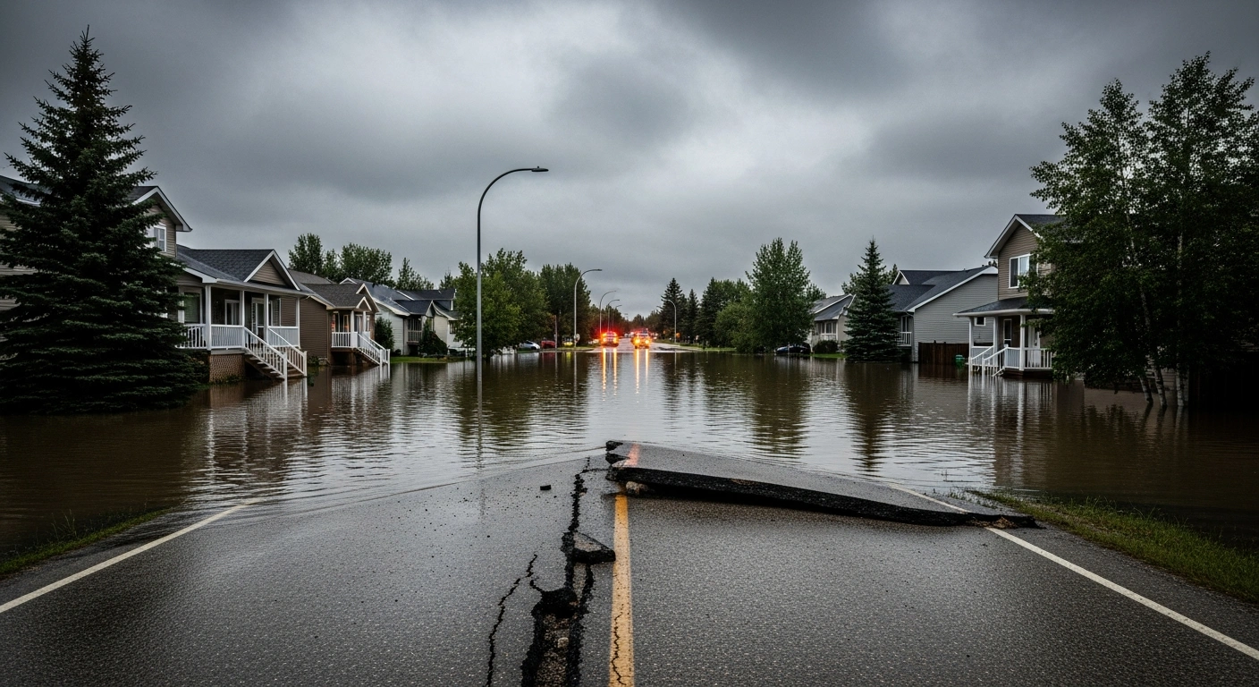 A flooded residential street in Alberta shows significant infrastructure damage and submerged homes following record-breaking rainfall in July 2026.