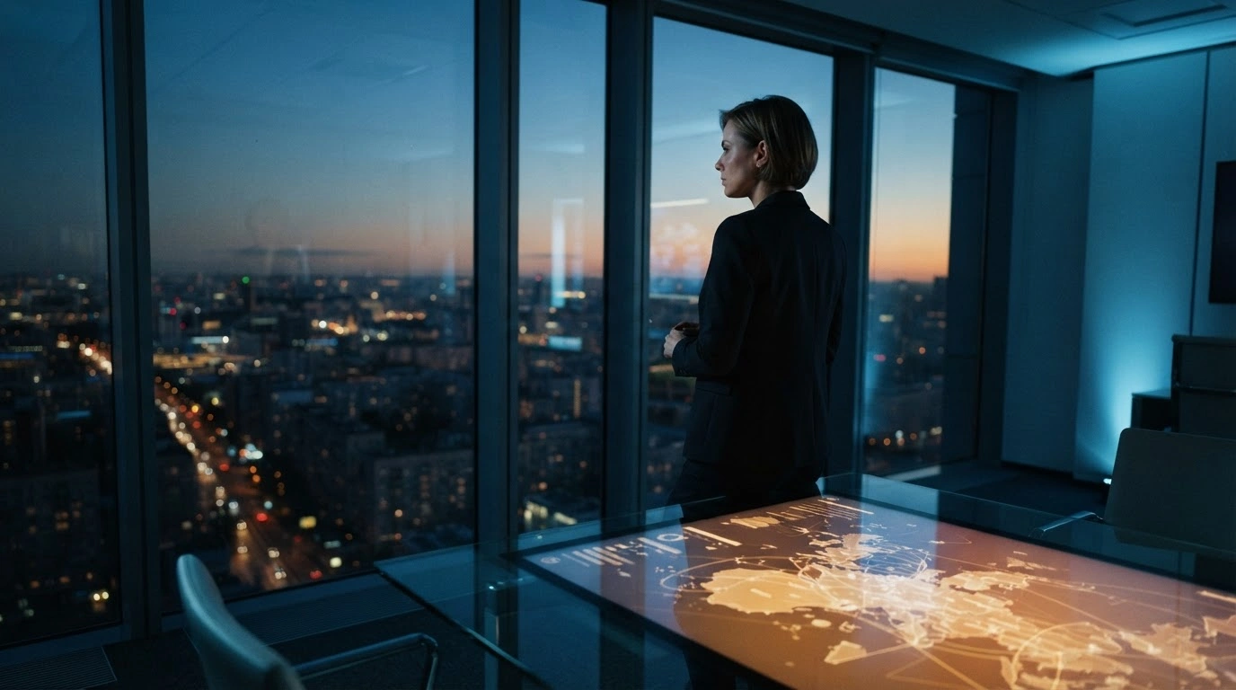 Alberta Premier Danielle Smith stands in a dimly lit office while reviewing information about potential foreign interference in provincial democratic processes.