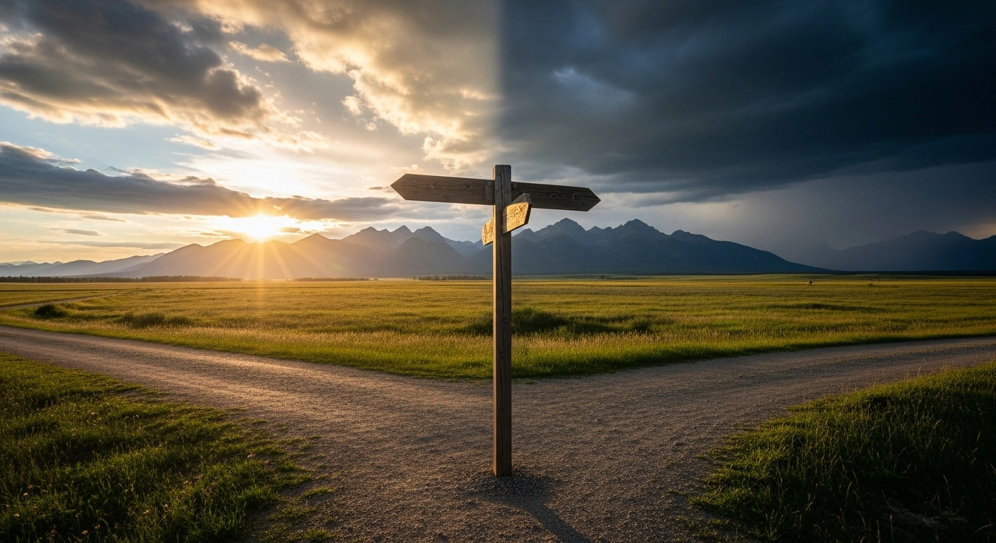 A wide shot of the vast Albertan prairies and Canadian Rockies under a dramatically split sky, with one side bright and the other shadowed, featuring a weathered signpost at a fork in a dirt road in the foreground, symbolizing Alberta's potential referendum on independence from Canada.