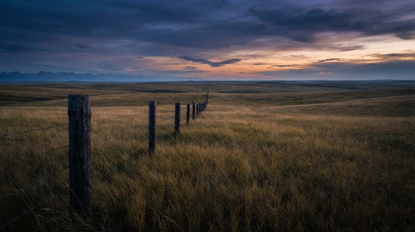 A vast landscape of the Alberta prairies under a moody twilight sky represents the current status of provincial independence discussions in Canada.