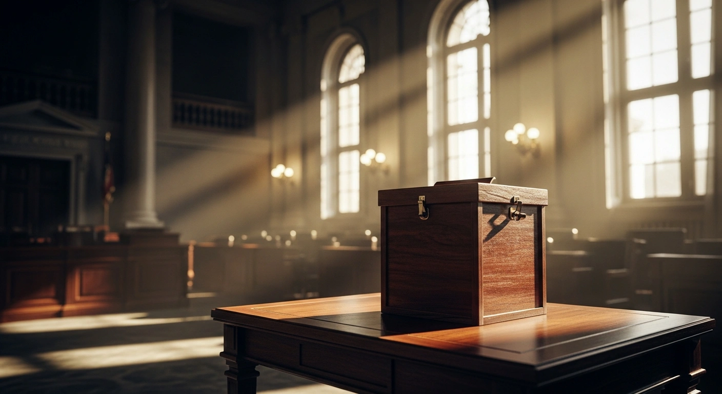 A ballot box sits on a table in a legislative chamber representing the verification of a citizen initiative petition for an Alberta separation referendum.