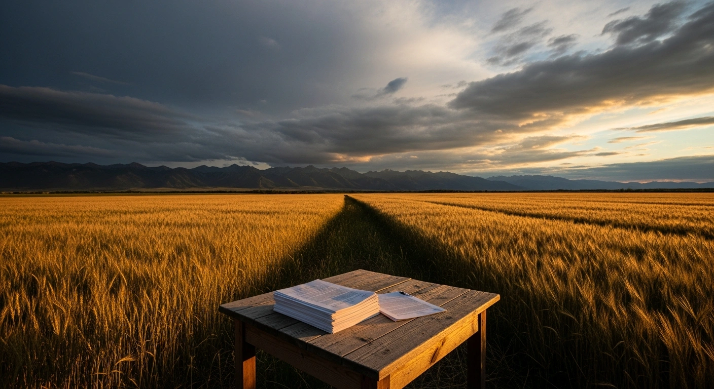 A stack of official documents rests on a wooden table in an Alberta field as supporters organize a petition for provincial sovereignty.
