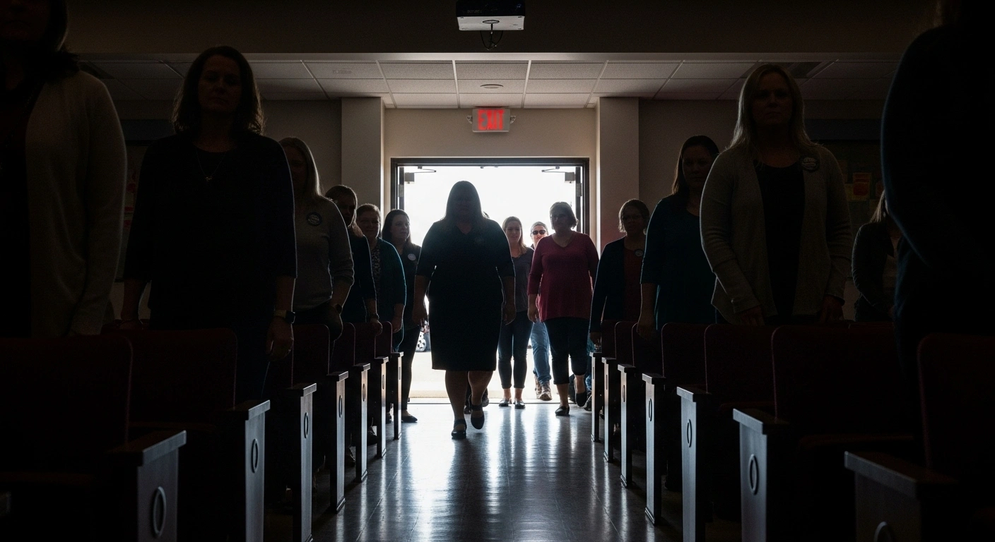 A group of teachers, with expressions of weariness and resolve, are seen in a low-angle wide shot emerging from a dimly lit school auditorium into cool late afternoon light, reflecting their unified decision to reject a contract offer and the impending strike.