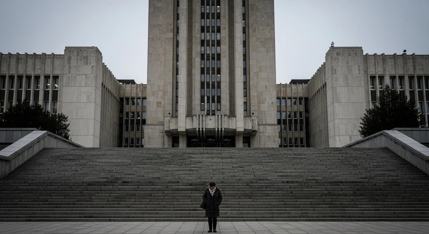A lone, weary teacher stands at the base of a towering, brutalist government building under a cold, overcast sky, reflecting the context of the Alberta government's Bill 2, the 'Back to School Act,' which ended a three-week teacher strike and imposed a new contract on 51,000 teachers.