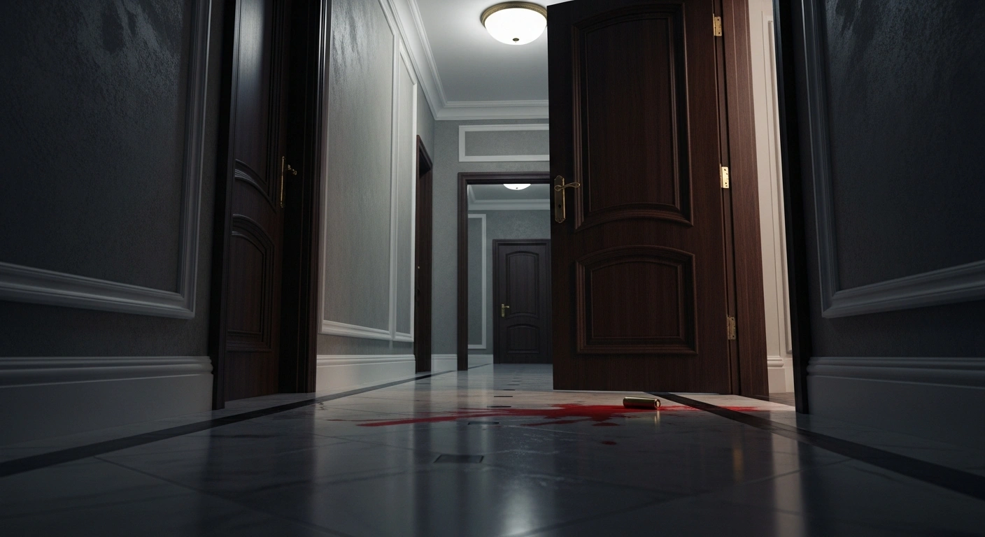 A dimly lit, opulent Moscow apartment hallway shows a crimson stain on a marble floor and a discarded shell casing near a half-open door, depicting the aftermath of the shooting of Lieutenant General Vladimir Alekseyev in his apartment building.