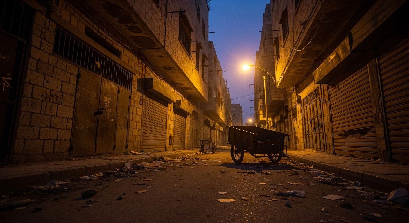 A desolate, debris-strewn alleyway in Aleppo at twilight, illuminated by a flickering streetlamp, with an overturned cart symbolizing the recent clashes and escalating insecurity that led to five deaths, including fighters and civilians.