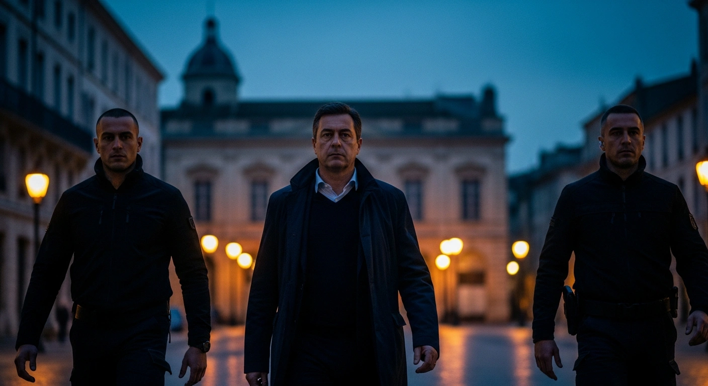 Mayor Christophe Rivenq of Alès, France, is escorted by security personnel following threats related to local drug trafficking investigations.