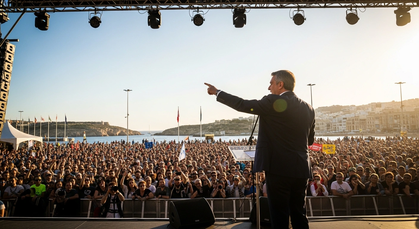 Nationalist Party leader Alex Borg addresses a large crowd of supporters during a political mass meeting held in Sliema, Malta.
