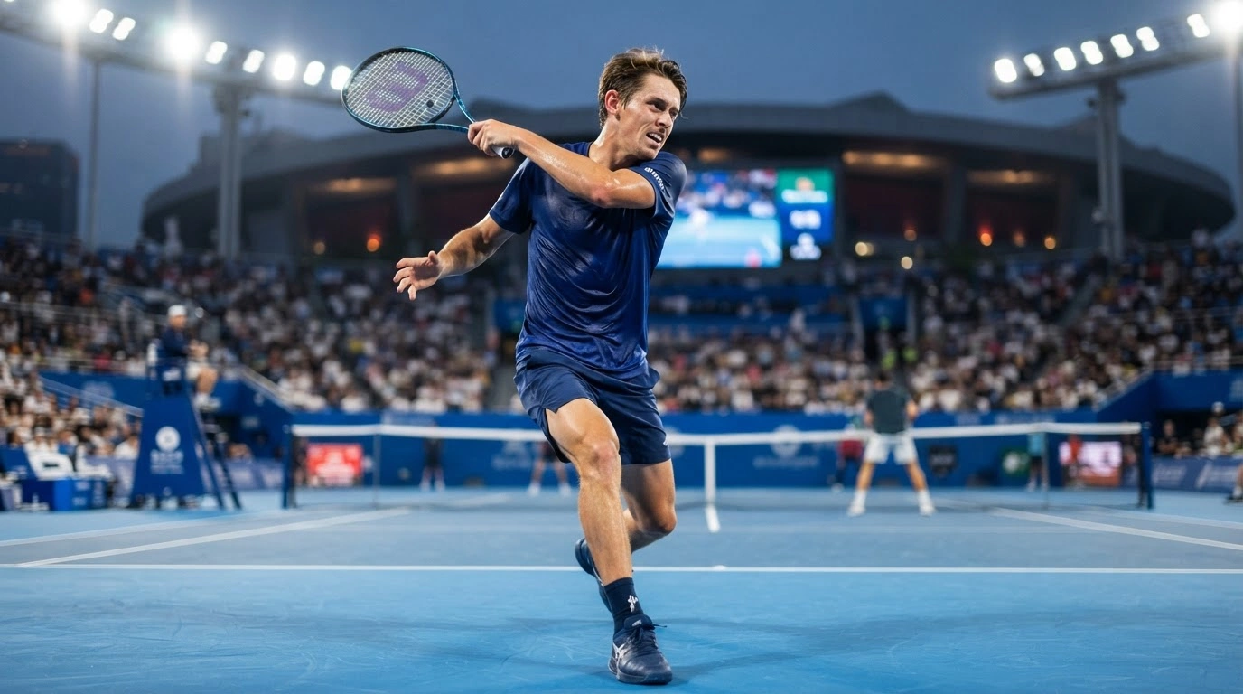 Australian tennis player Alex de Minaur hits a powerful forehand during his quarterfinal victory at the China Open in Beijing.