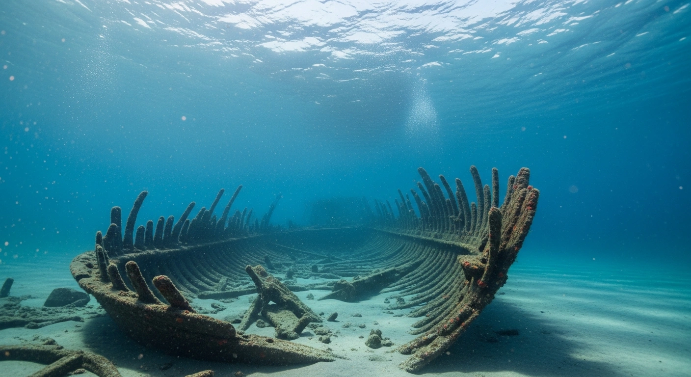 The skeletal remains of an ancient shipwreck lie on the sandy floor of the Bay of Algeciras, representing one of the many underwater archaeological sites discovered by researchers.