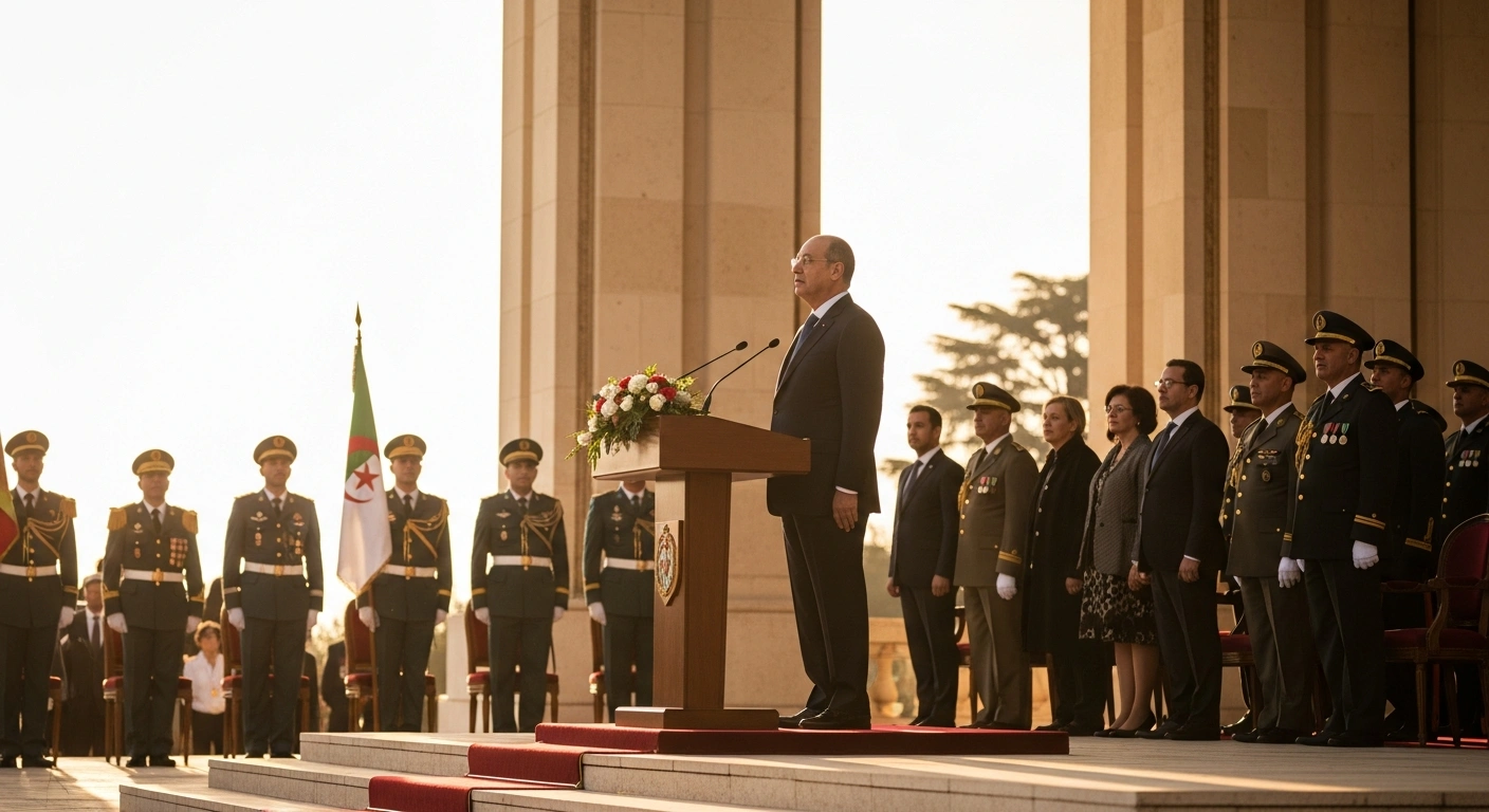 Algerian President Abdelmadjid Tebboune presides over a formal ceremony in Algiers to honor military retirees and families of martyrs on the People's National Army National Day.