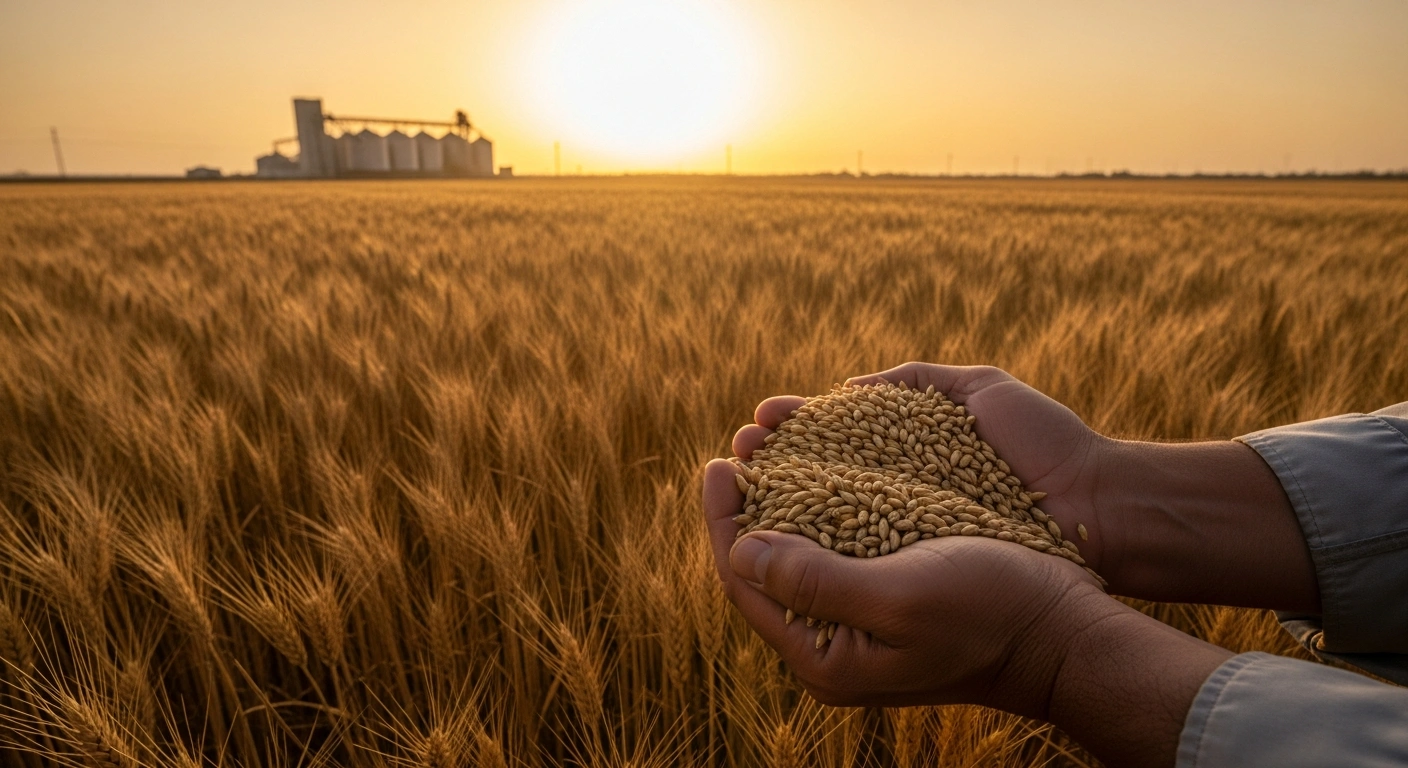 A farmer holds a handful of golden wheat in a field near a large grain storage facility in Algeria, representing the country's strategic food reserve purchase.
