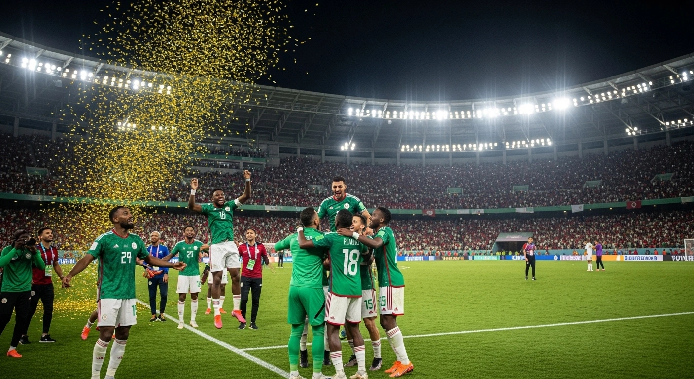 Algerian national football players in green and white jerseys celebrate jubilantly on a stadium pitch under bright floodlights with confetti falling and ecstatic fans in the background, commemorating their qualification for the 2026 FIFA World Cup after defeating Somalia.