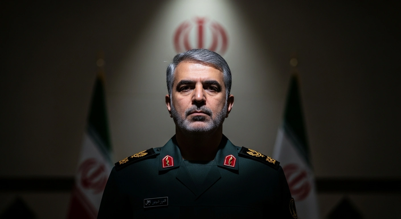 A medium close-up of Brigadier General Ali Jahanshahi, the newly appointed commander of Iran's Army Ground Forces, standing at attention in a dark military uniform with a resolute expression, dramatically lit within a formal military setting.