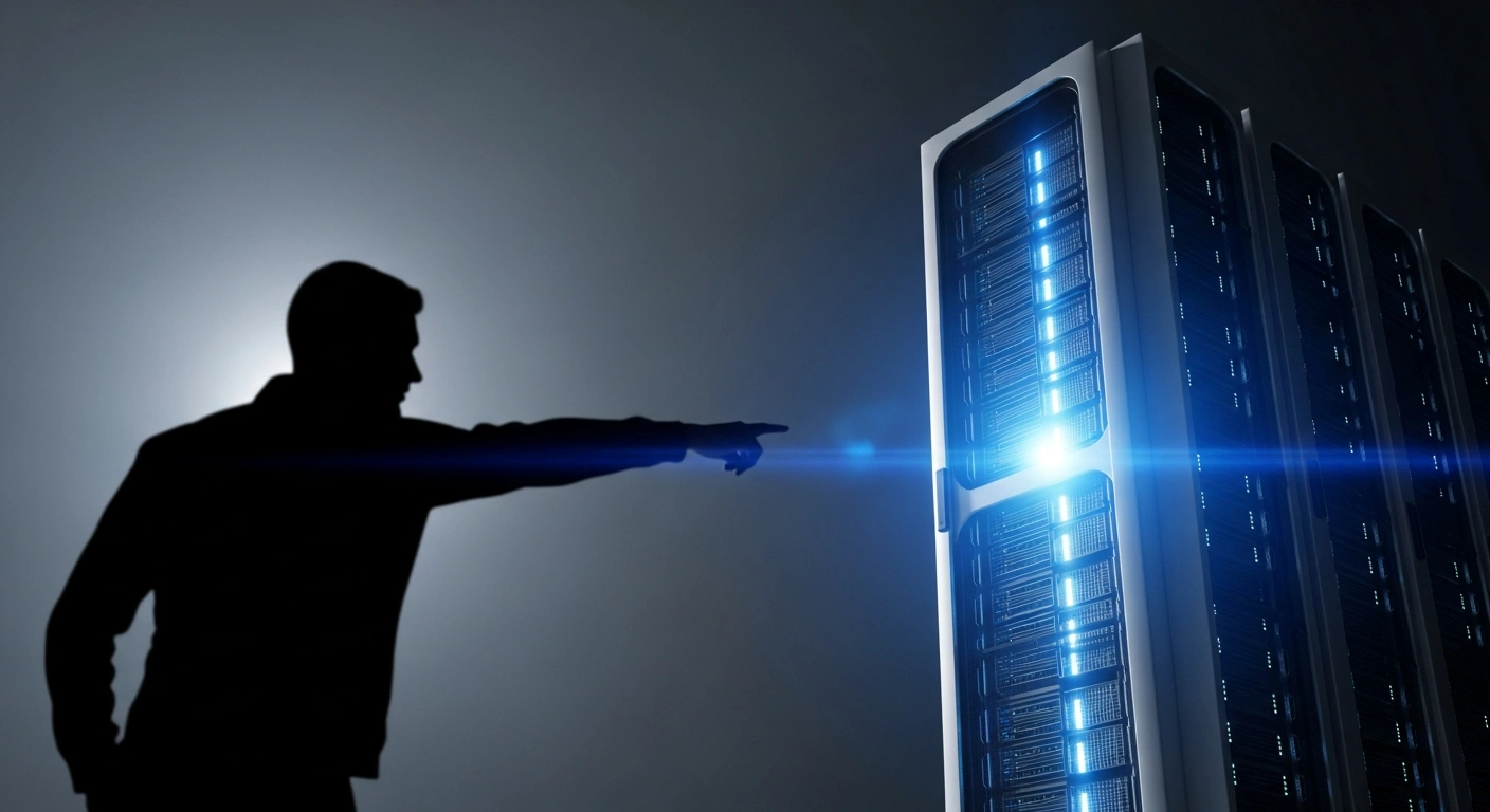 A futuristic server farm, illuminated by a defiant blue light, stands against a looming shadow pointing accusingly, symbolizing Alibaba's denial of providing technological support, including data and AI tools, to the Chinese military for operations targeting the US, as alleged in a Financial Times report based on a White House memo.