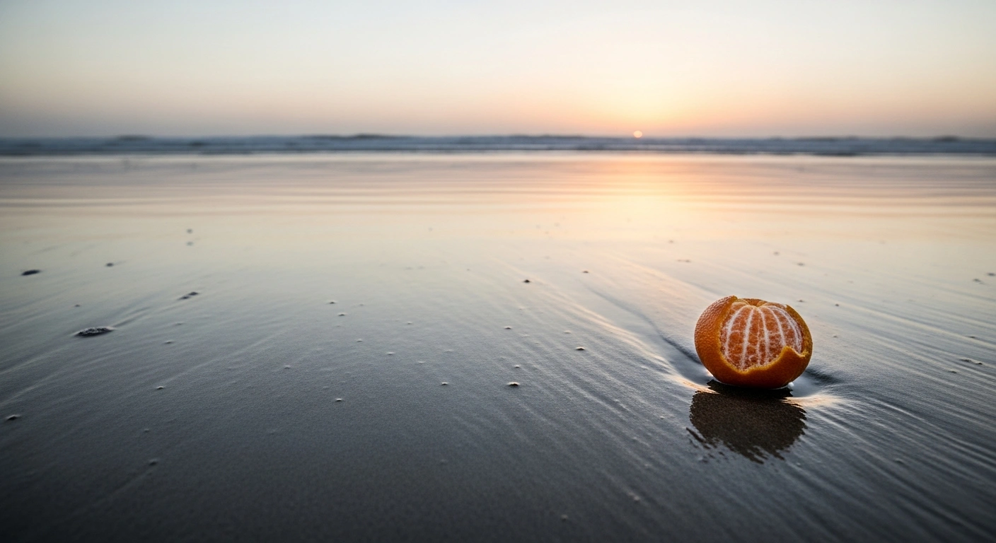 A wide, melancholic shot of Playa de San Juan beach at dusk, with a single, partially peeled tangerine segment lying on the damp sand in the foreground, and the ocean receding in the distance.
