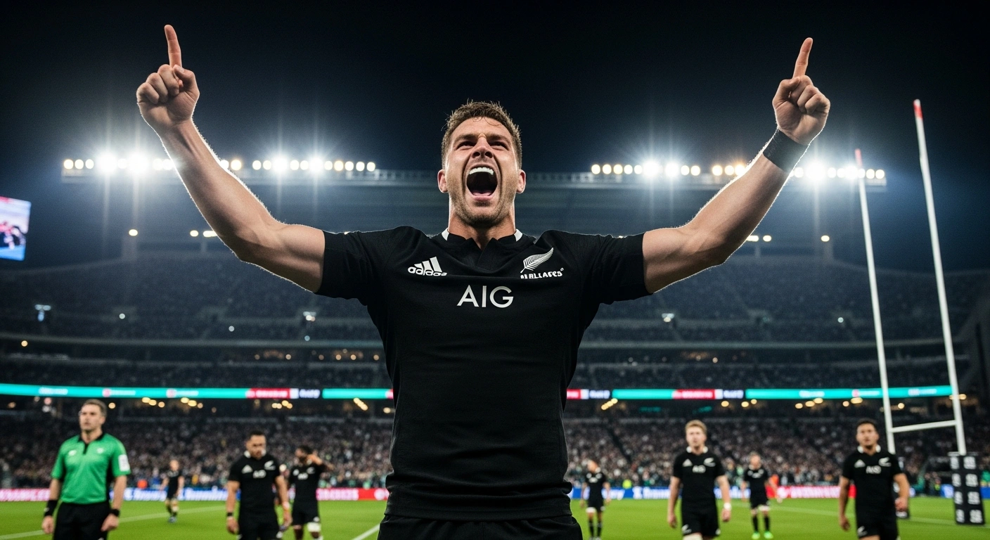 A New Zealand All Blacks rugby player celebrates triumphantly on the field at Soldier Field in Chicago, having defeated Ireland 26-13 in the Gallagher Cup rematch after overcoming an early deficit and a red card incident.